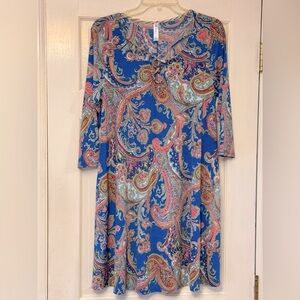 Elegant Blue and Pink Long Sleeve Dress